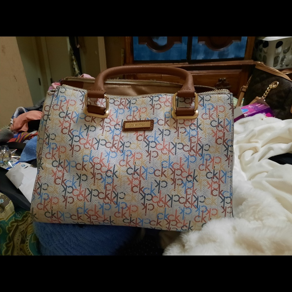 Calvin Klein white and multi color logo purse